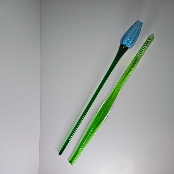 Art Glass Hand Blown Flower Blue Long Green Stem Flower With Leaf Stem Read - Picture 2 of 16